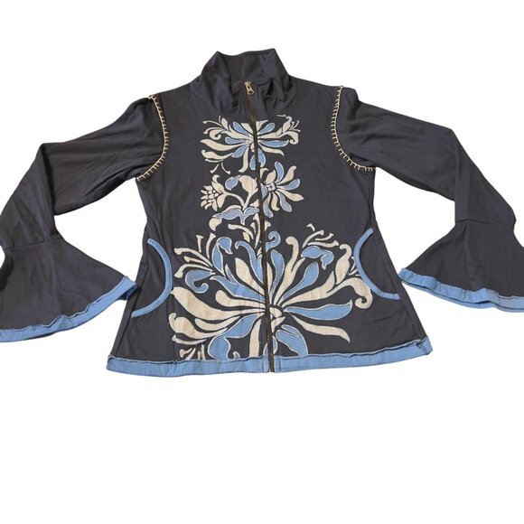 Jayli Jackets & Blazers - Jayli Womens  Blue Floral Embroidered Jacket With Flared Sleeves S fair trade